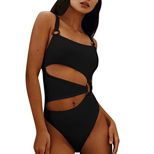 SRZYMJ Badeanzug Damen, Bademode Swimsuit Cutout Monokini Crossback Tiefer Rückenausschnitt Große Bademode Badeanzug Einteiliger Tankinis Swimsuit Drucken Badeanzug SportlichSchwarz von SRZYMJ