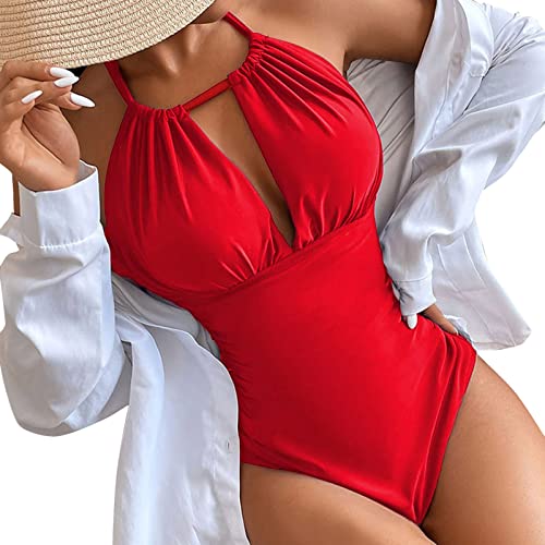 SRZYMJ Badeanzug Monokini Push Up Badekleid Damen Bauchweg Rot Swimsuits for Women Long Tankini Bikini Hose Strandmode Damen 2023 Blumenmuster Damen Oberteil von SRZYMJ