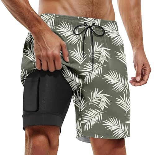 SRZYMJ Badehose für Herren Badeshorts mit Kompression 2 in 1 Swimming Shorts Schnelltrocknend Männer Kurz Strandhose Strandshorts Elastisch Verstellbar mit Innenhose Armeegrün 4XL von SRZYMJ