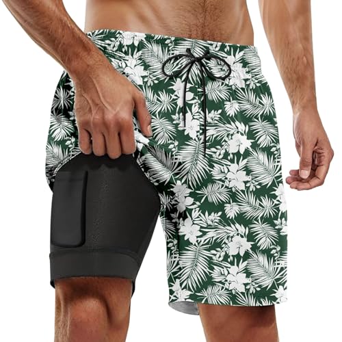 SRZYMJ Badehose für Herren Badeshorts mit Kompression 2 in 1 Swimming Shorts Schnelltrocknend Männer Kurz Strandhose Strandshorts Elastisch Verstellbar mit Innenhose Dark Grün 5XL von SRZYMJ