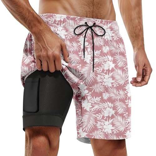 SRZYMJ Badehose für Herren mit Reißverschlusstasche Atmungsaktiv Wasserabweisend Badeshorts Männer Trainingsshorts Elastisch Verstellbar Mit Tunnelzug Meshfutter Rosa 5XL von SRZYMJ