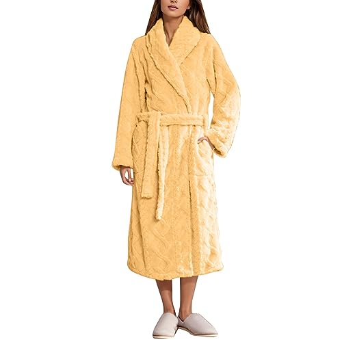 SRZYMJ Bademäntel Für Damen Morgenmantel Damen Gelb L Robe mit Gürtel Fleece Hausmantel Leicht Weich Loungewear Flanell Elegant Pyjamas Kuschelig Weicher Kleidung von SRZYMJ