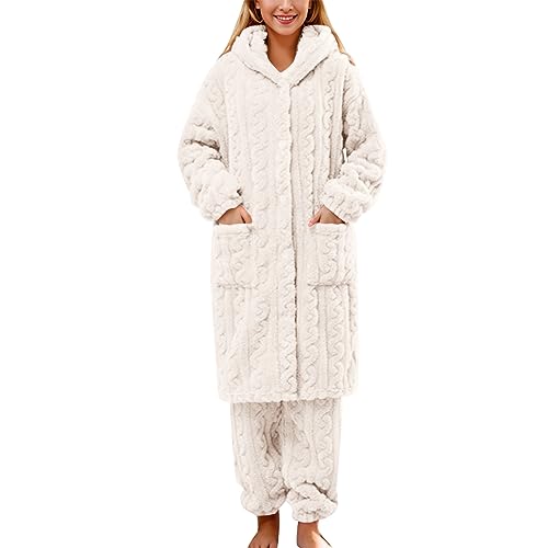 SRZYMJ Bademäntel Für Damen Morgenmantel Damen Lang Beige M Robe mit Gürtel Fleece Hausmantel Leicht Weich Loungewear Flanell Elegant Pyjamas Kuschelig Weicher Kleidung von SRZYMJ