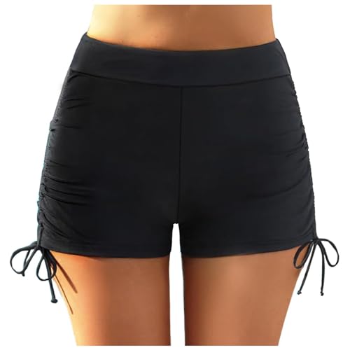 SRZYMJ Badeshorts Damen Badehose Hohe Taille Schnell Trocknende Boardshorts Wassersport 2 in 1 Laufhose Kurz Sporthose mit Reißverschlusstasche Schwarz S (Nur Tankini Oberteil oder Badeshorts) von SRZYMJ