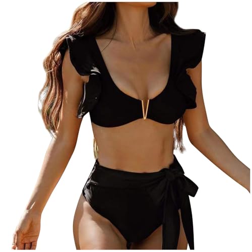 SRZYMJ Damen Bikini Set U Ausschnitt Zierausschnitten Bikini Bademode Wickeloptik Mid Waist Zweiteiliger Badeanzug Swimsuit Schwarz von SRZYMJ