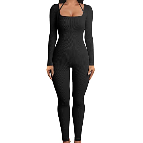 SRZYMJ Damen Jumpsuits Sportbody gerippte Strick Overall Unitards Ganzanzug Gymnastik Trikot Body Elastisch Yoga Bodysuit Leggings Square Neck Hip Lift Slim Fit Langarm Strampelhöschen Yoga Bodysuit von SRZYMJ