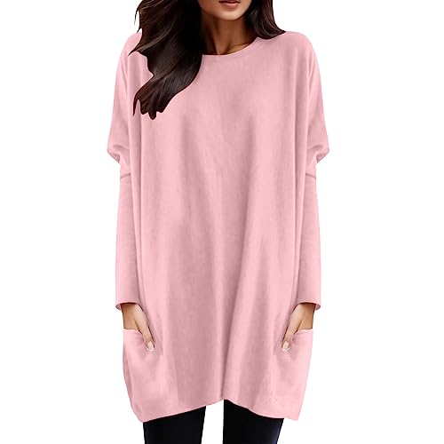 SRZYMJ Damen Langarmshirt Rundhals Oberteile Casual Lose Tshirt Einfarbige Langen Ärmeln Shirts Basic Baumwolle Tunika Bluse Tops Rosa XL von SRZYMJ