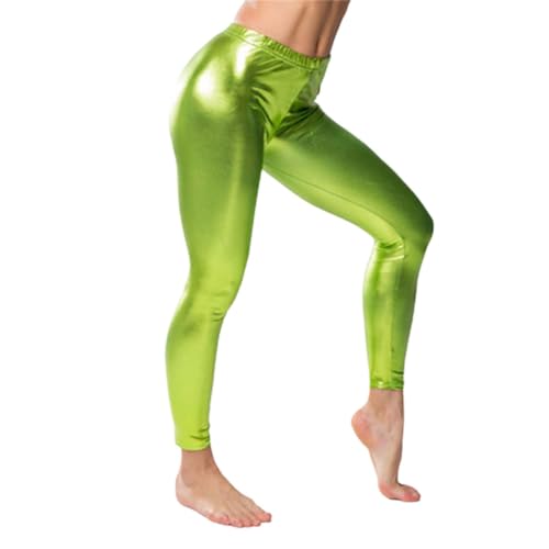 SRZYMJ Damen Metallic Leggings Glänzende Hose mit Hoher Taille Shiny Leggings Karneval Glänzende Metallischer Hosen Damen 80er Metallic Leggings Silber Leggings Glitzer Disco Outfit Light Green,M von SRZYMJ