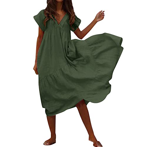 SRZYMJ Damen Sommerkleider Knielang Elegant Leinenkleid Strandkleider Sommer Kurz Freizeitkleider Minikleid Kurzarm Chiffonkleid Langarm Shirtkleid 3/4 Arm Maxikleider Sommer Boho Grün von SRZYMJ
