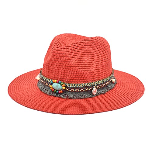 SRZYMJ Damen Sonnenhut Sonnenhut Damen Geradem Rand Fischerhut Gestreift Sonnenhut Damen Uv Schutz Tropenhut Women Straw Hat Wide Brim Beach Sun Cap Sonnenhut Herren Outdoor Rot von SRZYMJ