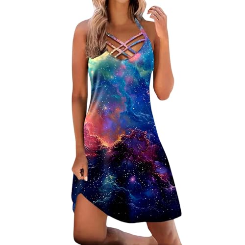 SRZYMJ Damen Sternenhimmel Digitaldruck A-Linien Kurzarmkleid mit Rundhalsausschnitt Kurzärmliges T-Shirt Kleid Swingrock Schaukelrock Multicolour M von SRZYMJ