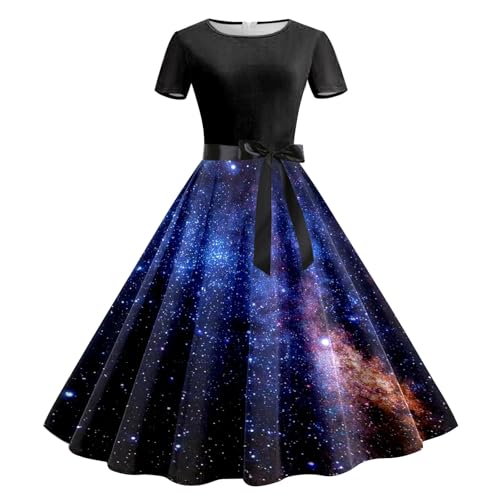 SRZYMJ Damen Sternenhimmel Kleid A-Linien Galaxy Kostüm Digitaldruck Planeten T-Shirt Rundhalsausschnitt Swingrock Kurzarmkleid Karneval Kostüm Weltall Cocktailkleid Glitzerkleid Damen Navy L von SRZYMJ