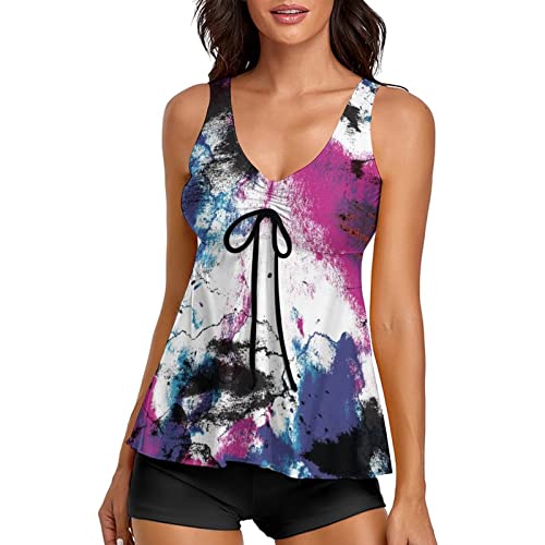 SRZYMJ Damen Tankini Zweiteilig, Damen Badeanzug Bauchweg Bademode U-Ausschnitt Tankini Oberteil mit Hotpants Sport Tankini Set mit Retro Druck Bauchweg Bademode Swimsuit Bademode Tankini von SRZYMJ