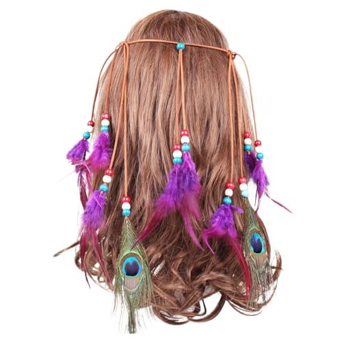 SRZYMJ Feder Kopfschmuck Boho Hippie Stirnband - Fancy Federschmuck Böhmische Kopfbedeckung Quaste für Damen Mädchen Karneval Kopfschmuck, Rot + Schwarz, Einheitsgröße Feder Kopfschmuck Damen Pink von SRZYMJ