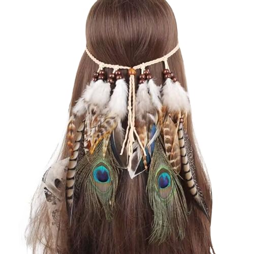 SRZYMJ Feder Kopfschmuck Boho Hippie Stirnband Indian Feather Stirnband,Frauen Bohemien Feder Quasten Seil Weben Stirnband Gürtel Haarband Haarschmuck Hippie Boho Indisch Haarbänder Kopfschmuck von SRZYMJ