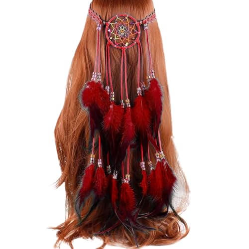 SRZYMJ Feder Kopfschmuck Damen, Indisches Feder-Stirnband, Boho-Kopfschmuck, 1920er-Jahre-Kopfschmuck, Schmuck, Accessoires, Kopfschmuck, Maskerade für Damen, Feder Kopfschmuck Rot von SRZYMJ