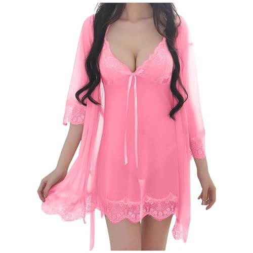 SRZYMJ Festival Outfit Damen Negligee Sexy Babydoll Nachtwäsche Sleepwear Tiefer V-Ausschnitt Nachthemd Für Damen Spitze Nachtkleid Dessous Mit Spitzendetail Rosa von SRZYMJ