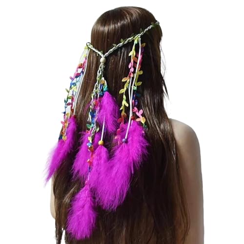 SRZYMJ Frauen Bohemien Feder Quasten Seil Weben Stirnband Gürtel Haarband Haarschmuck Hippie Boho Indisch Haarbänder Feder Kopfschmuck Blau Tribal Kopfschmuck Hot Rosa Einheitsgröße von SRZYMJ