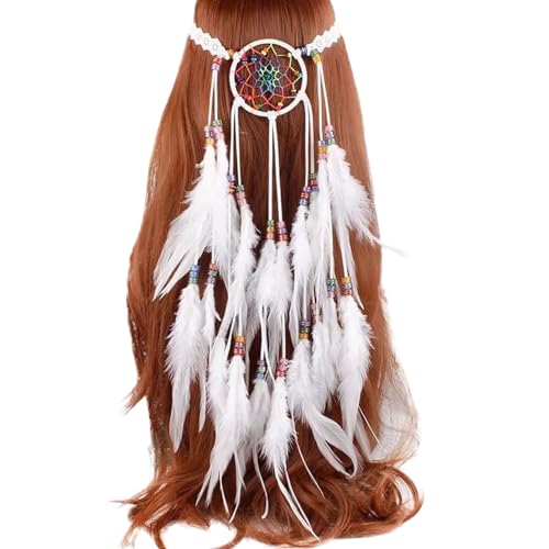 SRZYMJ Frauen Bohemien Feder Quasten Seil Weben Stirnband Gürtel Haarband Haarschmuck Hippie Boho Indisch Haarbänder Feder Kopfschmuck Indianer Fasching Perlen Festival Party Weiß Einheitsgröße von SRZYMJ