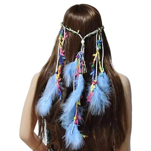 SRZYMJ Frauen Bohemien Feder Quasten Seil Weben Stirnband Gürtel Haarband Haarschmuck Hippie Boho Indisch Haarbänder Federn Kopfschmuck Schwarz Kopfschmuck Perlen Festival Himmelblau Einheitsgröße von SRZYMJ