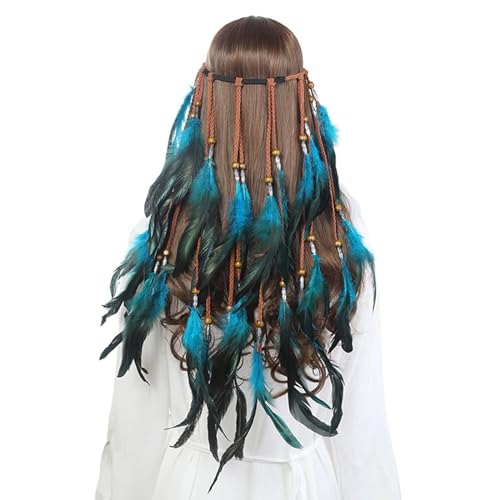 SRZYMJ Frauen Bohemien Feder Quasten Seil Weben Stirnband Gürtel Haarband Haarschmuck Hippie Boho Indisch Haarbänder Haarschmuck Mit Pfauenfedern Headwear Haarschmuck Blau Einheitsgröße von SRZYMJ