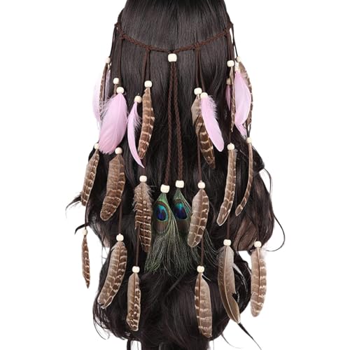 SRZYMJ Frauen Bohemien Feder Quasten Seil Weben Stirnband Gürtel Haarband Haarschmuck Hippie Boho Indisch Haarbänder Pfauenfedern Haarschmuck Party Headwear Haarschmuck Rosa Einheitsgröße von SRZYMJ