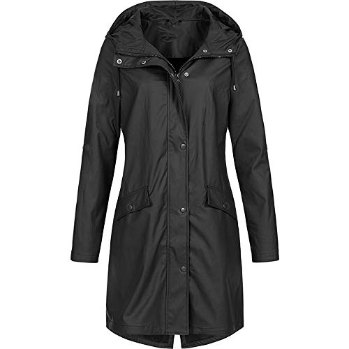 SRZYMJ Frauen einfarbige Jacke Outdoor Plus Größe mit Kapuze lässig winddicht wasserdicht Taschen Kordelzug langärmliger Mantel Regenjacke Punkte Damen Schwarz Regenjacke Damen Lang von SRZYMJ