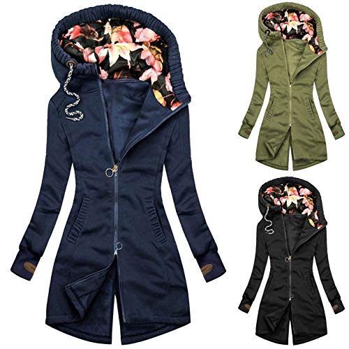 SRZYMJ Frühlingsmantel Damen Elegant, Mantel Frühling lässige feste volle Reißverschluss Kapuze mit Auszug Saiten Langarmtasche Long Mantle Outdoor- Filzmantel Winter Marine Übergangsjacke Herbst von SRZYMJ