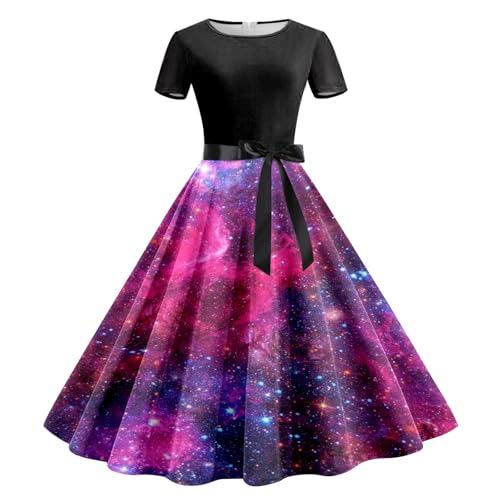 SRZYMJ Galaxie Drucken Maxikleid Damen Sternenhimmel Digitaldruck A-Linien Sommerk Ärmelloses Langes Kleid mit V-Ausschnitt Maxikleid Kleid Swingrock Schaukelrock Galaxy Kostüm Damen Space Kostüm S von SRZYMJ