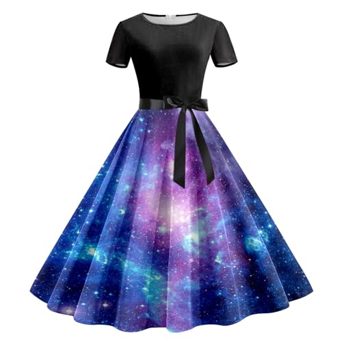 SRZYMJ Galaxy Kleid Damen-Kleid Knielang Galaxy,Elegant Abendkleid Schwarz Knielang Kleid Party Ärmellos Schwarz Rundhals Kleid Abendkleid Schwarz Karnevalskostüme Blue L von SRZYMJ