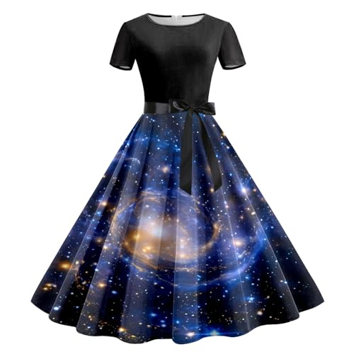 SRZYMJ Galaxy Kleid Damen Sternenhimmel a Linien Kleid Sommerkleid T-Shirt Kleid Planeten Kurzarmkleid Sonne Mond Sterne Kostüm Digitaldruck Universum Kostüm Weltall Kostüm Dark Blue M von SRZYMJ