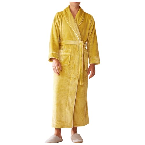 SRZYMJ Gelb Herren Bademantel, Herren Kaftan V-Ausschnitt Langarm Kaftan Herren Lang Knopf Hoch Thobe Herren Seite Split Baumwolle mit Taschen M Bademantel Herren Kurz Herren Pyjama Herrenschlafanzug von SRZYMJ