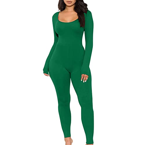 SRZYMJ Grün Damen Jumpsuits Sportbody gerippte Strick Overall Unitards Ganzanzug Gymnastik Trikot Body Elastisch Yoga Bodysuit Leggings Square Neck Hip Lift Slim Fit Langarm Strampelhöschen von SRZYMJ