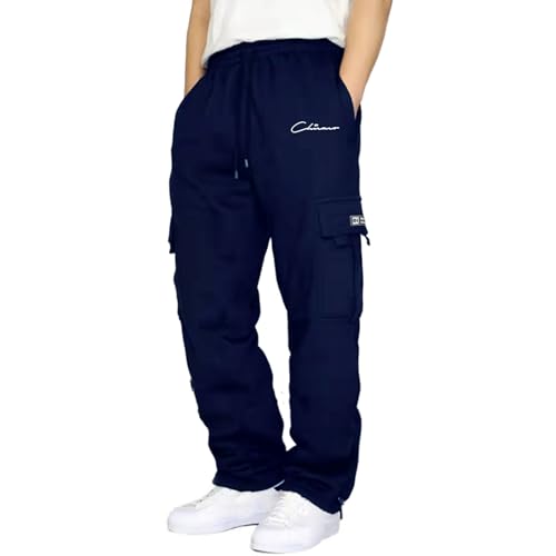 SRZYMJ Herren Hose Chino Cargo Hose Jogginghose Herren Baumwolle Sporthose Casual Freizeithose Elastische Taille mit Kordelzug Sweatpants Herren mit Taschen Thermounterhose Herren Winter Marine XL von SRZYMJ