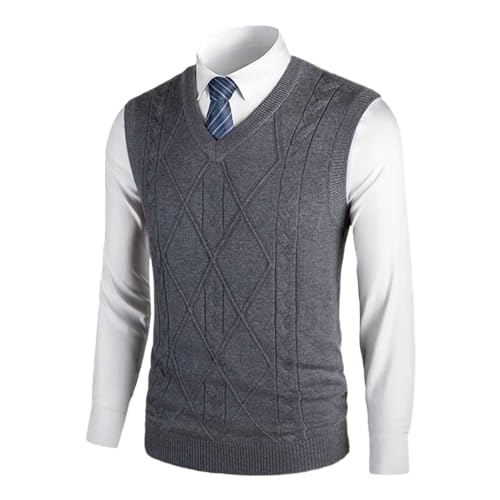 SRZYMJ Herren Pullunder Strickweste Feinstrick Weste mit V-Ausschnitt Holz-Knopfleiste ärmellos Baumwollmischung Regular fit Dunkelgrau Steppweste Herren Winter Freizeit Business Wollweste Pullover M von SRZYMJ
