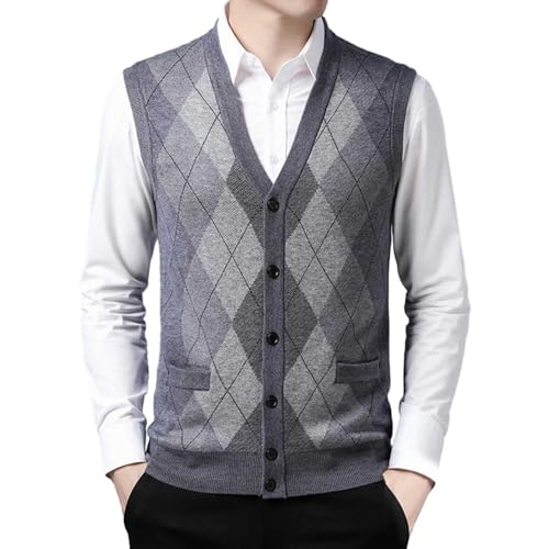SRZYMJ Herren Pullunder V-Ausschnitt Kariert Pullover Weste Slim Fit Strickweste Winter Wollweste Freizeit Business Ärmellose Strickpullover Grey Singlet Herren Pulloverwestee Für Männer Pullover 3XL von SRZYMJ