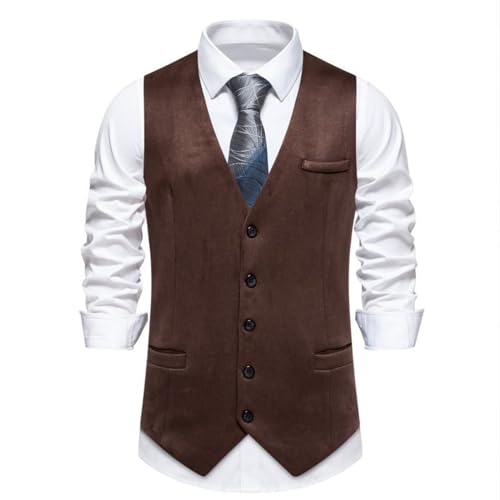 SRZYMJ Herren Weste Anzugweste Slim fit V-Ausschnitt Ärmellose mit 5 Knöpfen Gilet Business Casual Klassisch Basic Männer Anzugweste für Herren Kaffee Ärmellose Elegant Business Anglerweste von SRZYMJ