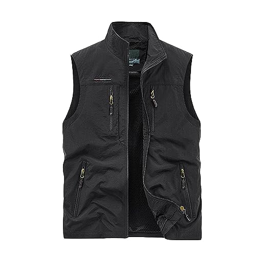 SRZYMJ Herren Weste Schwarz Herren Outdoor Weste mit Vielen Taschen Ärmellose Anglerweste Sommer Leicht Atmungsaktiv Ärmellose Jacke Jagd Fotografie Camping Angeln Multifunktionsweste Puffer Weste 3XL von SRZYMJ