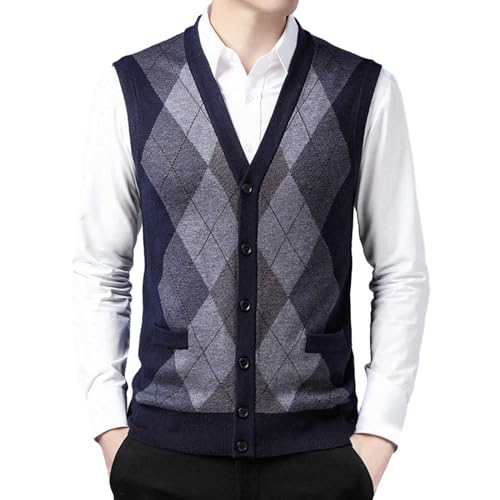 SRZYMJ Herren Wolle Mischgewebe Weste Pullover Zopfstrick Relaxed Fit V-Ausschnitt Ärmellose Pullover Strickknopf Weste Cardigan Tank Tops mit Taschen Marine Tank Top Baumwolle Herren Strickweste M von SRZYMJ
