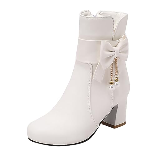 SRZYMJ Hohe Stiefel Damen Weiß Stiefeletten Damen Schwarz Stiefel Damen Mit Absatz Schuhe Damen Winter Stiefel Moderne Mittelrohrstiefel Ankle-Boots Runde Stiefel Stiefel mit Einlagen Stiefel von SRZYMJ