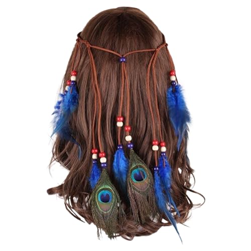 SRZYMJ Indische Feder Stirnband Boho Quaste Hippie Stirnbänder Blau Tribal Kopfschmuck Perlen Festival Party Headwear Haarschmuck für Frauen und Mädchen Feder Kopfschmuck Gothic Haarschmuck Blau von SRZYMJ