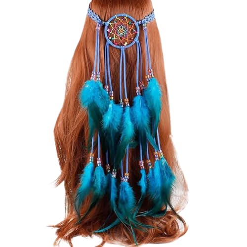 SRZYMJ Indische Feder Stirnband Boho Quaste Hippie Stirnbänder Blau Tribal Kopfschmuck Perlen Festival Party Headwear Haarschmuck für Frauen und Mädchen Pfauenfedern Haarschmuck Haarschmuck Blau von SRZYMJ