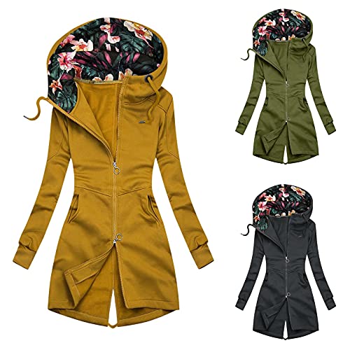 SRZYMJ Kapuzenjacke Damen Lang, Jacke Stitching Damenbekleidung schlank Kapuzenmantel Ausziehstring solide Damenmantel Dünner Mantel Armeegrün Mantel A-Linie von SRZYMJ