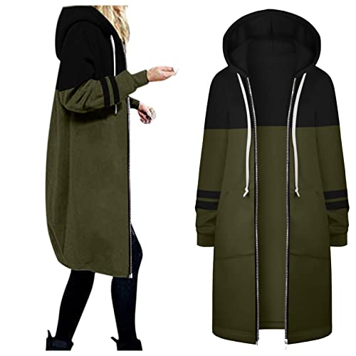 SRZYMJ Lange Kapuzenjacke Damen, Outdoorjacke Atmungsaktiv Steppjacke Leicht Wintermantel Sportjacke Lang Softsheil-Jacke Parka Übergangsjacke Lang Bomberjacke Armeegrün Mantel Lang XXL von SRZYMJ