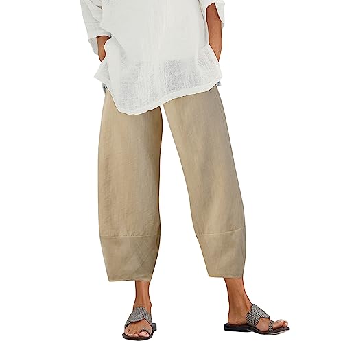 SRZYMJ Leinenhose Damen Sommer Elegant Sommerhose Freizeithose Baumwolle Stoffhose Weites Bein Jogginghose 3/4 Lang Sweatpants Baumwolle Haremshosen Strandhose 7/8 Latzhosen Baumwolle Pumphose Leicht von SRZYMJ