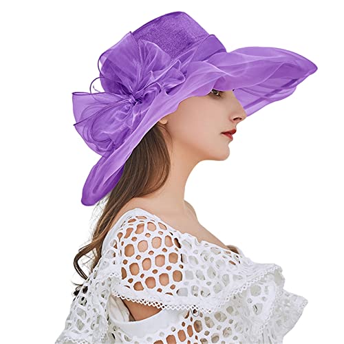 SRZYMJ Lila Damenhut Organza Hut Hochzeit Anlasshut Brauthut Sonnenhut Blumen Sommerhut Strandhut Strohhüte Damen Mit Perlen Fischerhut Für Radfahren von SRZYMJ
