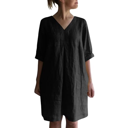 SRZYMJ Linen 100% Leinen Leinenkleid Damen Sommer, Leinenkleider, Leinenkleid, Sommerkleid Damen, Strandkleid Damen, Weißes Kleid Schwarz L von SRZYMJ