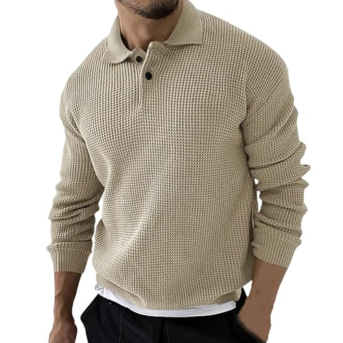 SRZYMJ Male Strickpullover Beige Herren Polokragen Pullover Langarm Feinstrick Polo Strickpullover Basic Einfarbig Männer Pulli Poloshirt Mantel Lang T-Shirts Lang Tank Top Leinenhemd M von SRZYMJ