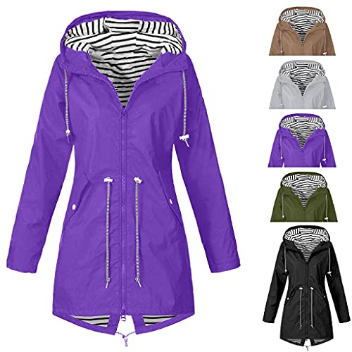 SRZYMJ Outdoorjacke Damen Wasserdicht, Regenmantel Dünn Gefüttert Regenjacke Regenponcho Wandern Warm mit Kapuze Windbreaker Übergangsjacke Faltbar Wasserdicht Atmungsaktiv Leicht Lang Outdoorjacke von SRZYMJ
