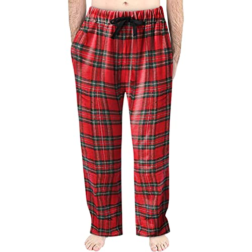SRZYMJ Pyjamahose Herren Lang Herren 100% Baumwolle Flanell Bequeme Pyjama/Lounge Bottoms mit Taschen Schlafanzughose Kariert Damen Schlabberhose Herren Weihnachts Pyjama Hosen Rot M von SRZYMJ